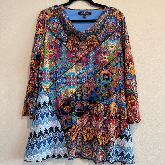 Calessa Blouse 3/4 Sleeves Mesh Boho Artsy Colorful L - Picture 1 of 8